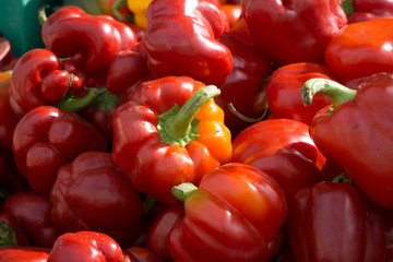 Fresh vegetables on stands of market in autumn