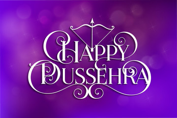 White text calligraphic inscription Happy Dussehra festival Indian with bow and arrow with a shadow on a purple blurred background. Vector illustration