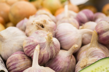 Fresh vegetables on stands of market in autumn