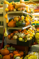 Fresh vegetables on stands of market in autumn