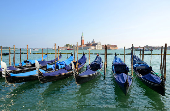 Gondolas and San Giorgio Maggiore church in Venice, Italy.