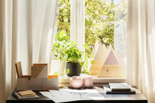 Plant and triangles on window sill in bright workspace interior with posters on desk. Real photo