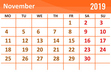 Calendar of November 2019 year