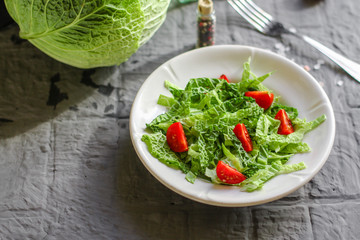 salad savoy cabbage and tomatoes. Top view. food background copy space