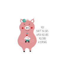 Obraz premium Cute Piggy Holding Cupcake.