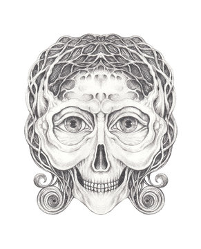 Art Surreal Skull Tattoo. Hand pencil drawing on paper.