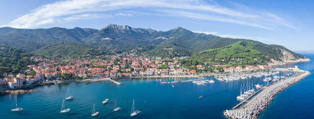 Elba Island, panoramic view of Marciana Marina. Aerial view