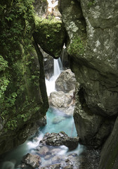 famous bear's head  - wedged rock - in beautiful tolmin gorges in triglav national park, slovenia