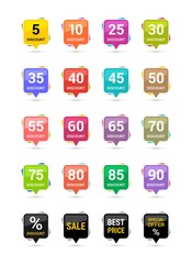 Sale discount square icons. Special offer price signs. From 5 to 90 percent off reduction symbols. Colored vector flat elements badges