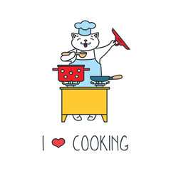 I love cooking. Illustration of the funny cat chef isolated on white. Vector 8 EPS