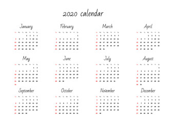 Monthly calendar 2020 template. Vector illustration 8 EPS.