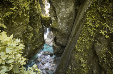 famous bear's head  - wedged rock - in beautiful tolmin gorges in triglav national park, slovenia