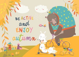 Cute animals riding a bicycles in autumn park