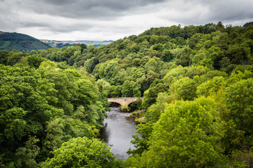 Landscape with a view on the river Dee from Llangollen Aqueduct in  Wales, Uk