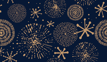 Abstract nieuwjaarspatroon. Gouden Kerstmissneeuwvlok op donkerblauwe achtergrond. Naadloos ornament voor decor, behang, cadeaupapier en ontwerp van nieuwjaarssouvenirs