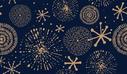 Gardinen Abstraktes Neujahrsmuster. Goldene Weihnachtsschneeflocke auf dunkelblauem Hintergrund. Nahtlose Ornamente für Dekor, Tapeten, Geschenkpapier und Design von Neujahrs-Souvenirs © Oscar Ghost