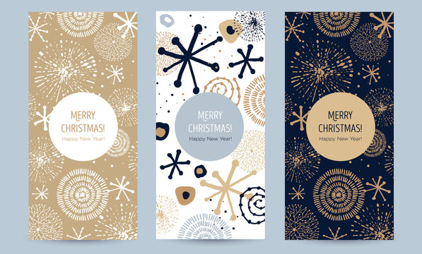 A set of greeting card with golden snowflakes and festive decor. Hand-drawn vector illustration. Trendy design template of leaflet cover, flayer, card, beauty salon, spa, restaurant, club.