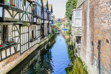 Historic center of Canterbury with half timbered houses and the river Great Stour, Kent, UK - obrazy, fototapety, plakaty