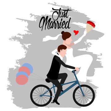 Groom and bride on a bicycle. Just married couple. Wedding concept image. Vector illustration design