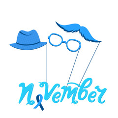 Mustache, hat and glasses on a stick. A blue ribbon. Accessories for Prostate Cancer Awareness Month.
