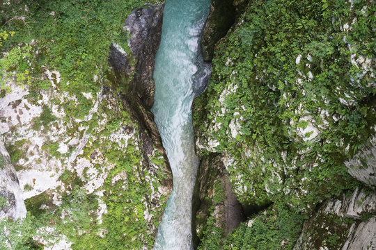 top view from devil's bridge on beautiful tolmin gorges in triglav national park, slovenia