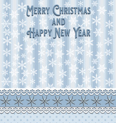 Christmas and New Year greeting card whit blue stripes dots stars and white snowflakes