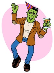 Frankenstein's monster dancing at a party.  Good for Halloween or for New Year's Eve