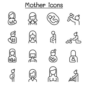 Mother and Woman icon set in thin line style