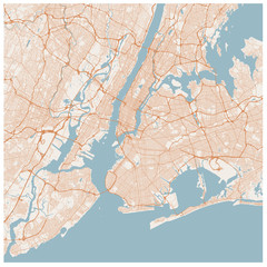 Large map of New York City (USA). NYC scheme of roads and streets. Transportation system of New York. Map of Big Apple. Transport network of Manhattan, The Bronx, Brooklyn, Queens and Staten Island.