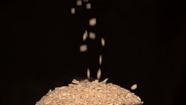 Dry Arborio Rice Falling against Black Background