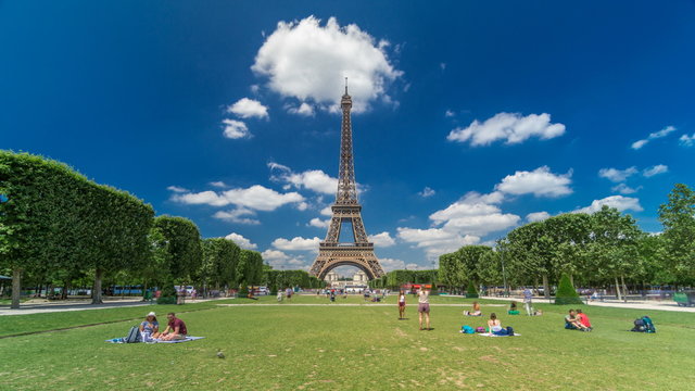 Eiffel Tower on Champs de Mars in Paris timelapse hyperlapse, France