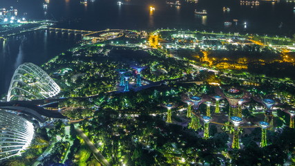 An aerial view of Gardens by the Bay and industrial ships in Singapore port timelapse.