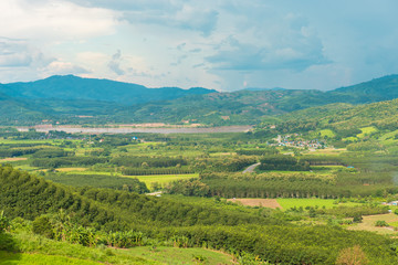View of Chiang Khong district with khong river and Laos border and green mountain and nice sky