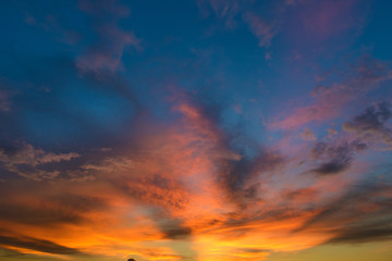 Beautiful twilight sky with orange and blue colour dramatic cloud.