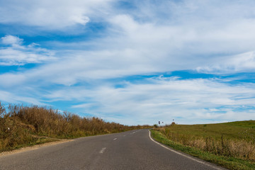 Fototapeta na wymiar Empty asphalt road, dried vegetation, blue sky with washed white clouds.