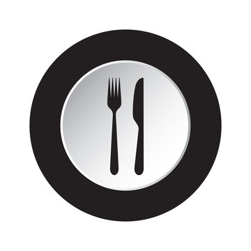 round black, white button icon - fork and knife
