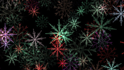 Abstract background with a variety of colorful snowflakes. Big and small.