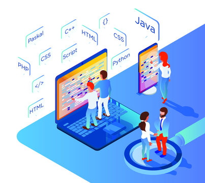 Hiring programmer or app developer. Developers building mobile apps and working together on a user interface, communication and technology concept. Isometric 3d