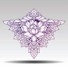 ornamental Lotus, ethnic zentangled henna tattoo, patterned Indian paisley for adult anti stress coloring pages. Hand drawn illustration in doodle style.