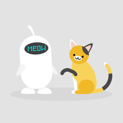 White robot playing with a cat