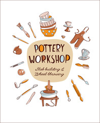 Obraz premium Clay Pottery Workshop Studio invitation. Artisanal Creative Craft logo concept. Handmade traditional pottery making, hand drawn vector illustration doodle style