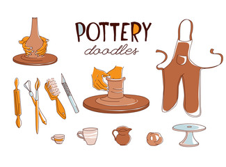 Obraz premium Clay Pottery Workshop Studio icons set. Artisanal Creative Craft concept. Handmade traditional pottery making, hand drawn vector illustration doodle style
