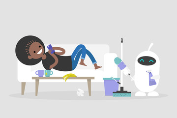 New technologies. Smart home. Cleaning the apartment. Cute white robot holding the cleaning tools: a feather duster and a cleaning spray / flat editable vector illustration, clip art