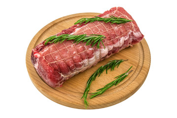 raw meat on wooden plate isolated
