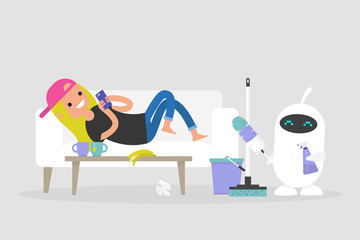 New technologies. Smart home. Cleaning the apartment. Cute white robot holding the cleaning tools: a feather duster and a cleaning spray / flat editable vector illustration, clip art