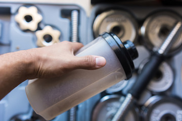 Whey protein shake with chocolate flavor.