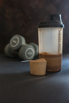 Whey protein shake with chocolate flavor.