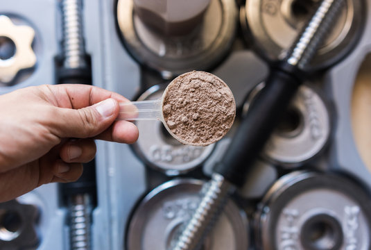 Whey protein shake with chocolate flavor.