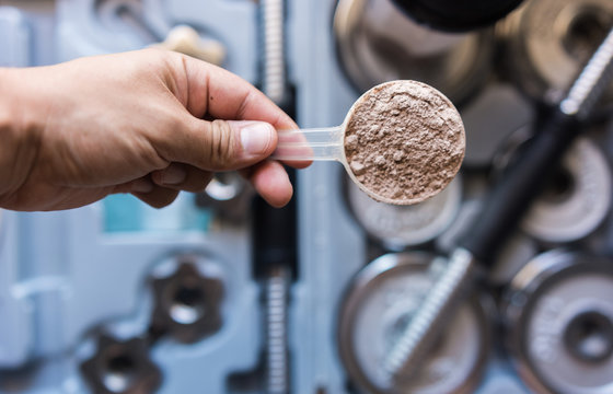 Whey protein shake with chocolate flavor.