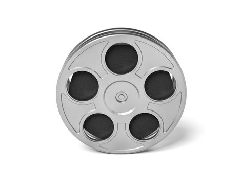 3d rendering of a single movie reel with steel casing in a front view on a white background.